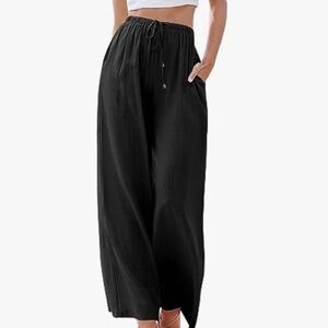 Black Wide-Leg Linen Drawstring Trousers NWOT